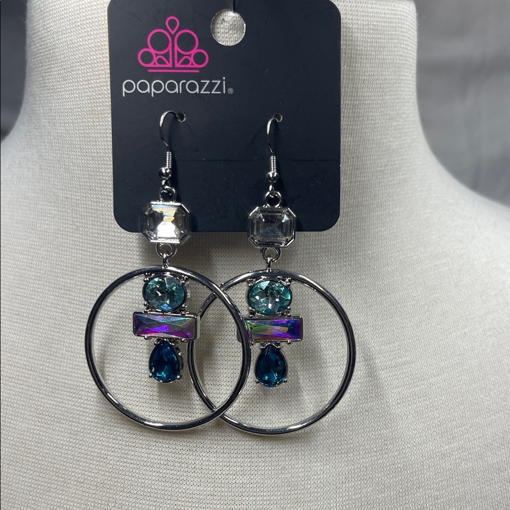 Paparazzi Silver Earrings with Blue, Clear And Iridescent Accents BNWT